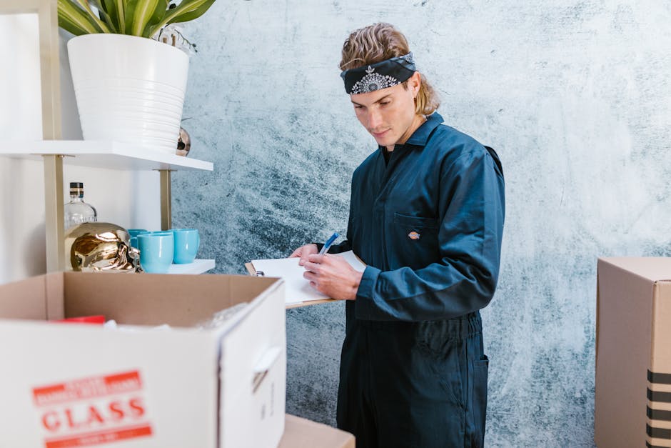 A young man with curly blonde hair wearing a black work jumpsuit and a black bandana with white patterns is indoors, standing behind a table and writing on a clipboard with a blue pen. The workspace includes several cardboard boxes, some open, containing packing materials and household items such as a glass bottle, a metallic decorative object, and small blue ceramic cups. Behind him, there is a white lattice shelving unit holding a large white ceramic plant pot with a green plant, and other decorative objects. The background features a textured, light-colored wall, and the scene appears to be part of a home relocation or packing process managed by Croydon Removals, highlighting the careful organization and documentation involved in furniture transport or moving logistics related to house removals.